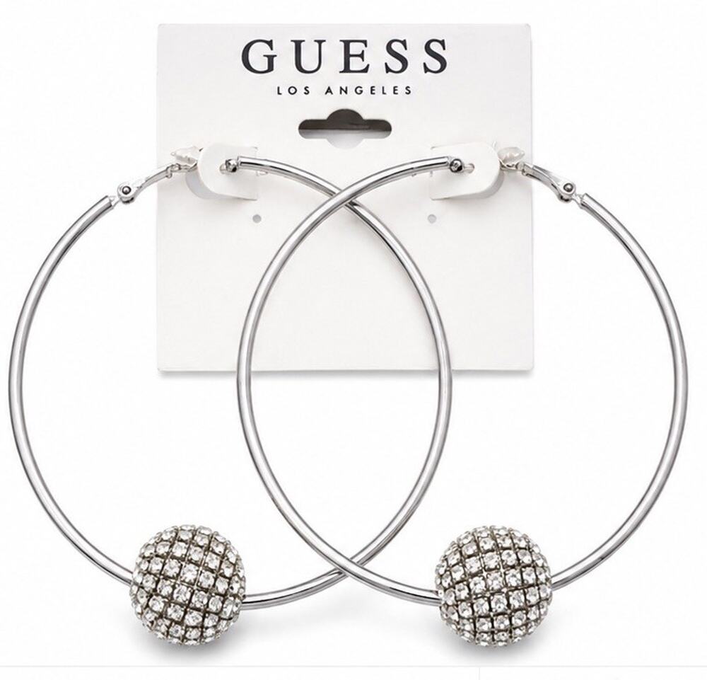 GUESS SILVER TONE LARGE HOOP EARRINGS CRYSTAL PAVE BALL STATEMENT NEW